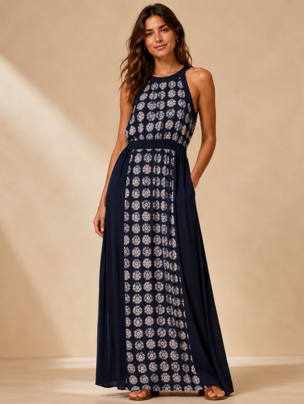 Like NEW Philosophy Navy and White Floral Halter-Style Maxi Dress